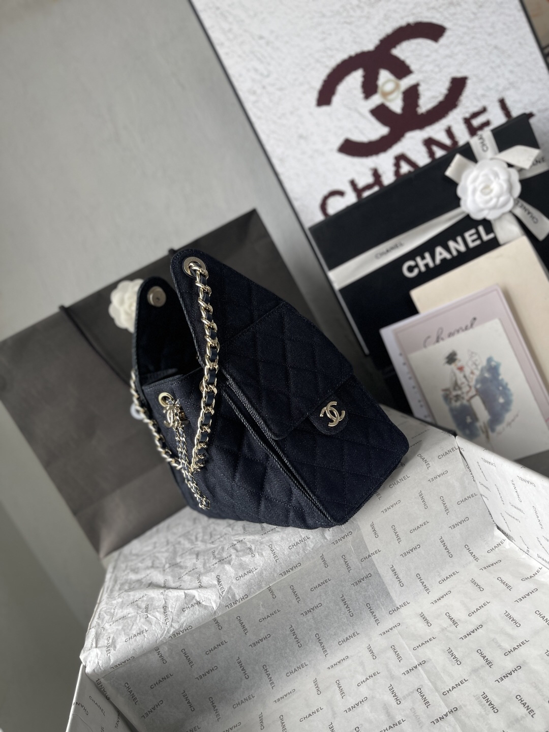 Chanel Quilted Dark Navy Denim Hobo Shoulder Bag - Image 3