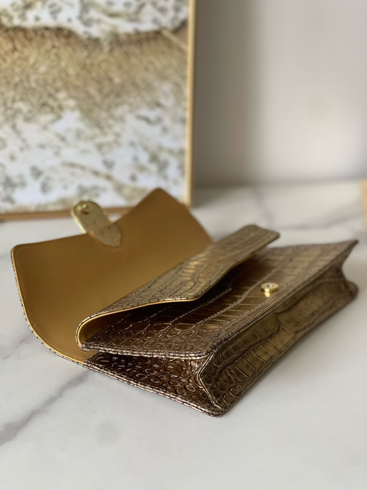 Vintage Chanel Crocodile-Embossed Gold Clutch Evening Bag - Image 3