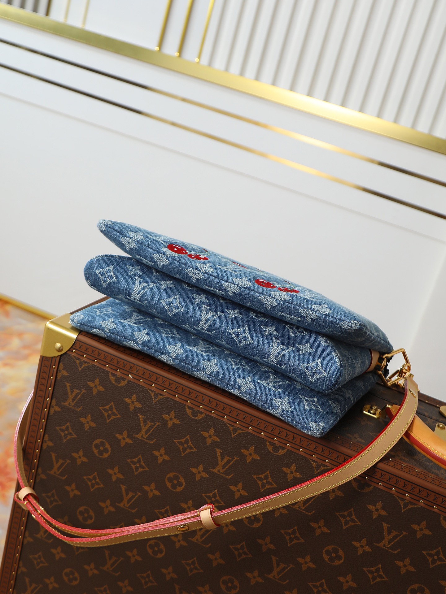 Louis Vuitton Coussin Small Chain Shoulder Bag in Monogram Denim with Cherry Embroidery - Image 4