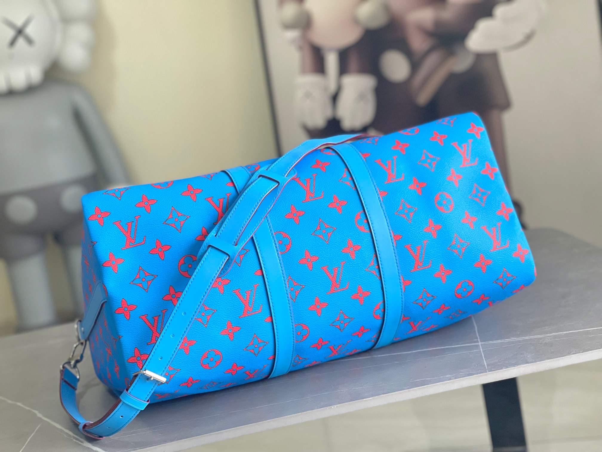 Louis Vuitton Keepall Bandouliere 50 Travel Bag Blue Monogram Bandana - Image 4