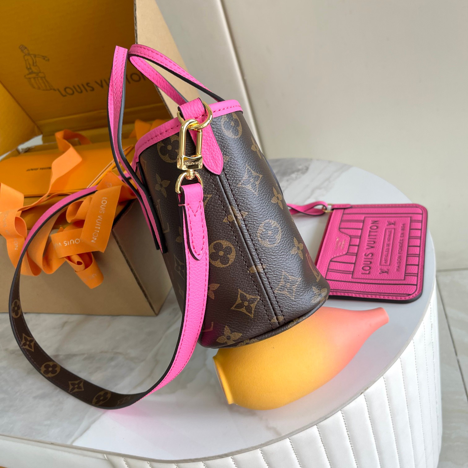 Louis Vuitton Neverfull BB Tote Bag in Damier Azur Canvas, Rose Pink - Image 4