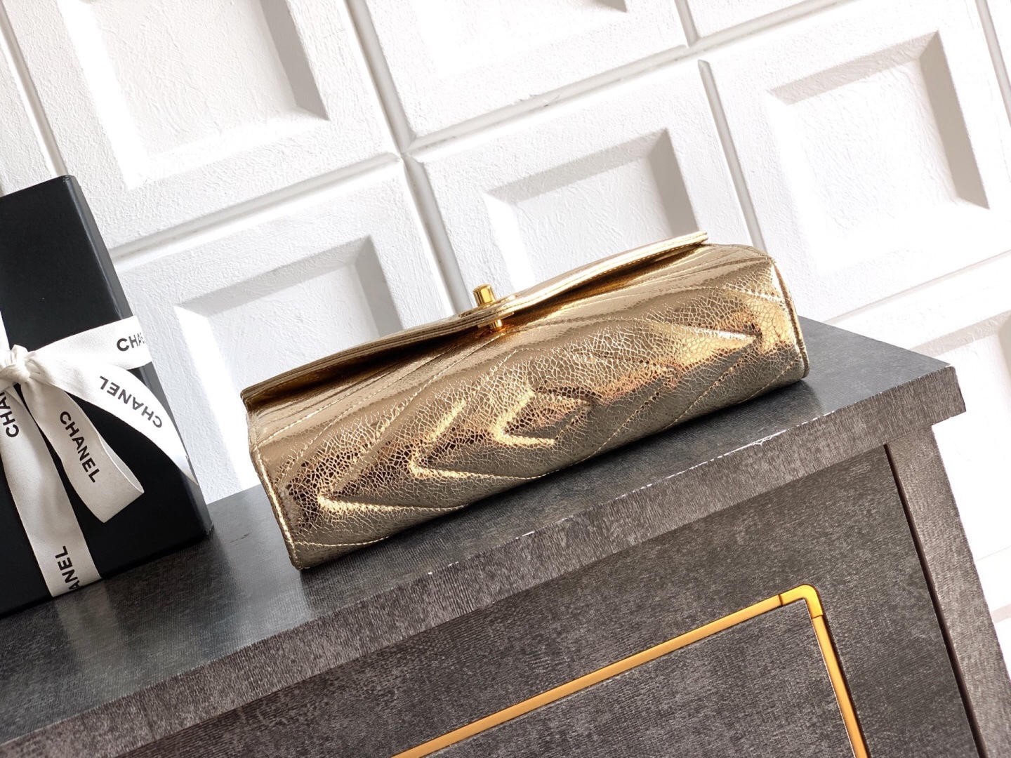 OHANEL 26 Series AS6044 Champagne Gold Quilted Clutch Bag - Image 4