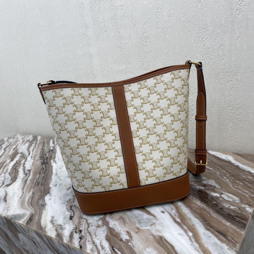 CELINE Triomphe Medium Bucket Bag in White Printed Coated Canvas - Image 4