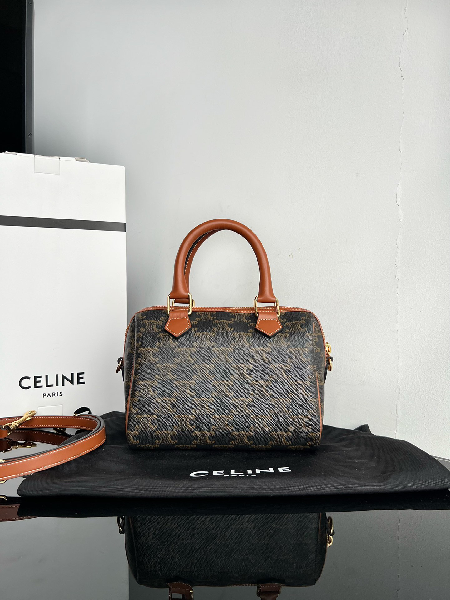 CELINE Triomphe Canvas Leather-Trimmed Boston Bag - Image 4