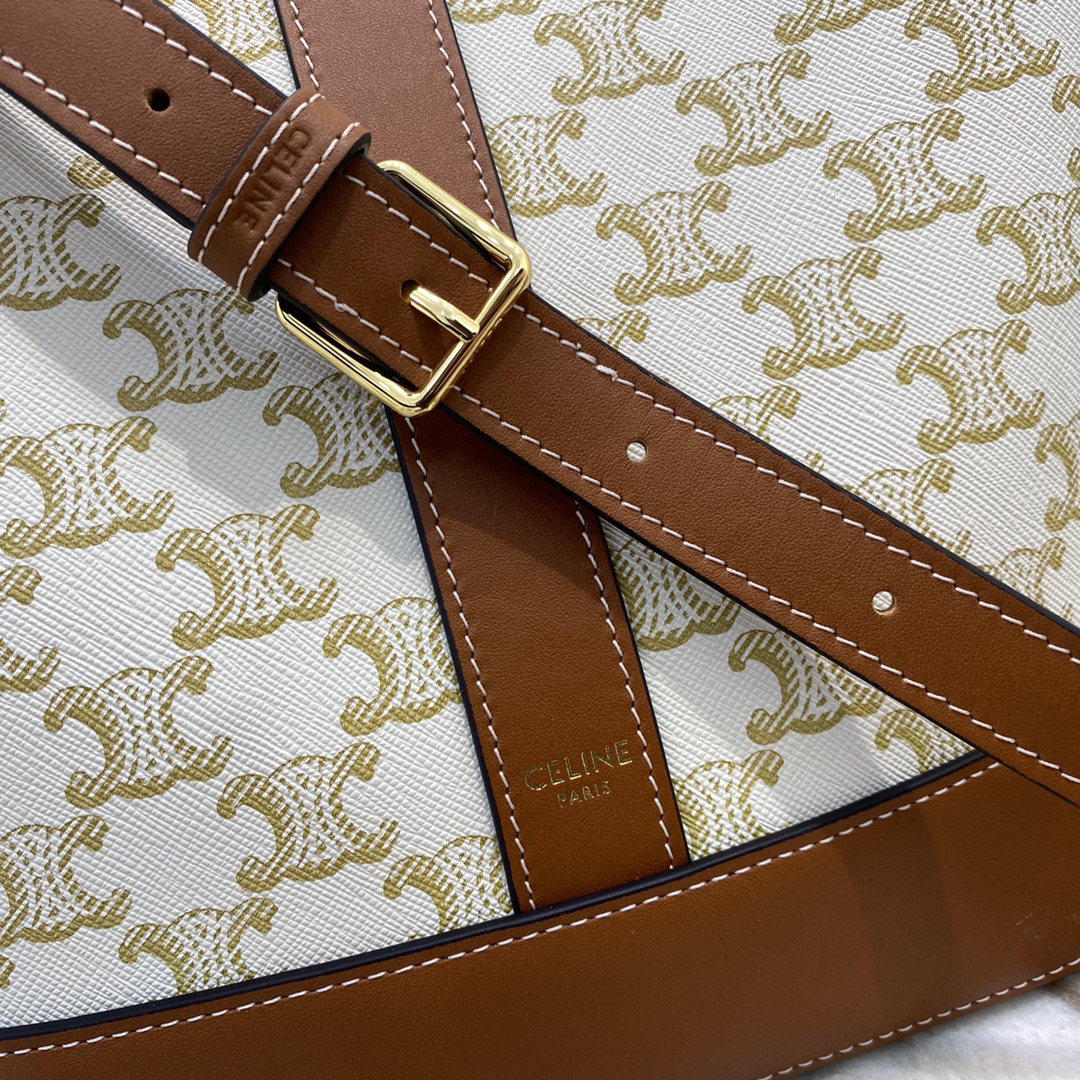 CELINE Triomphe Medium Bucket Bag in White Printed Canvas - Image 5