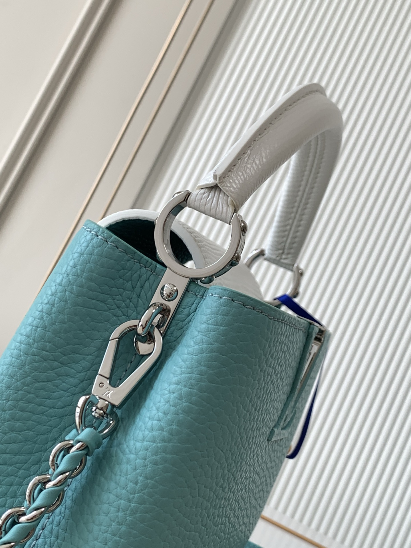 Louis Vuitton Capucines Mini Handbag N85829 in Ice Blue with Silver Hardware - Image 6