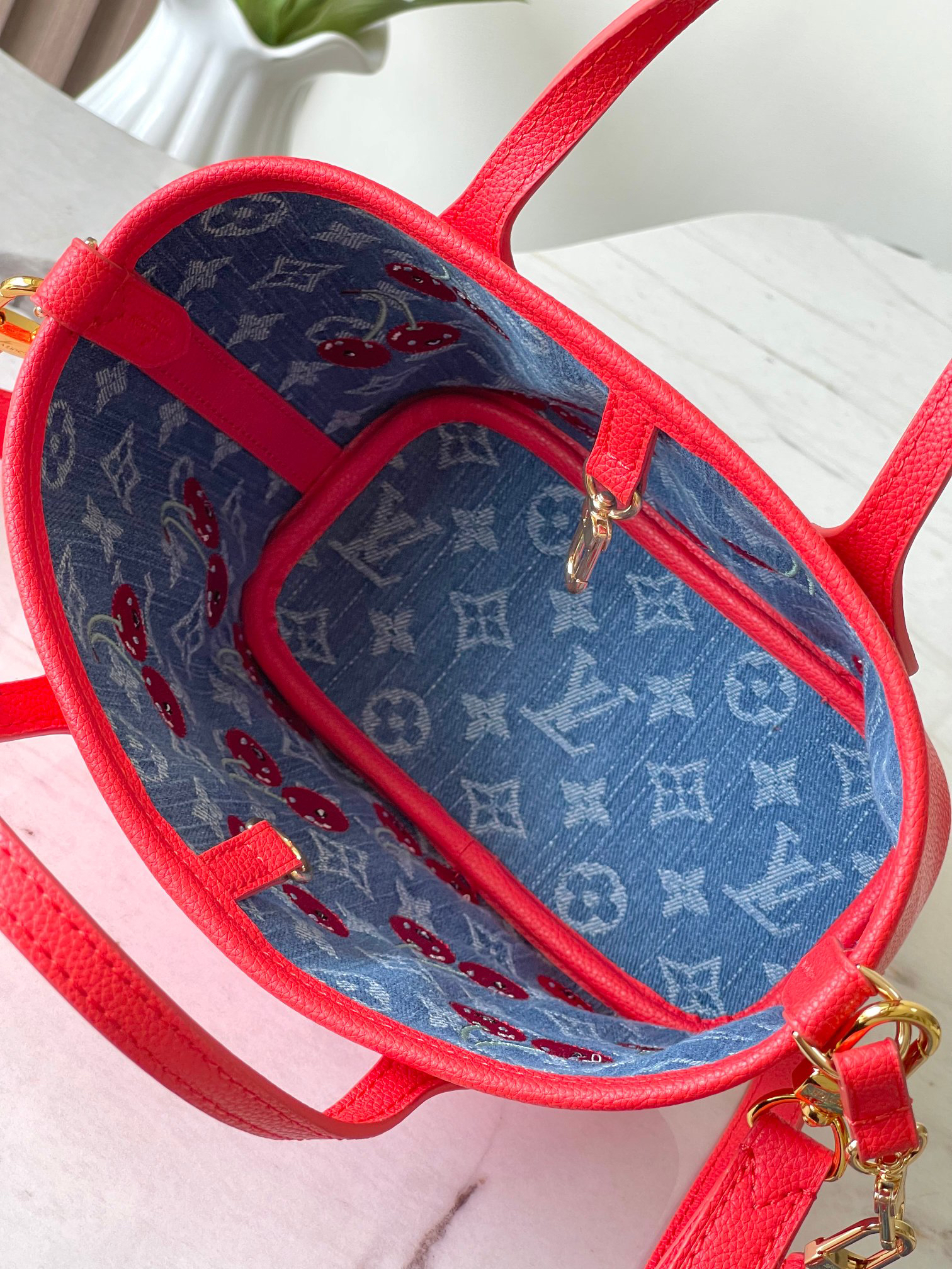Louis Vuitton Neverfull Inside Out BB Monogram Cherry Denim Handbag - Image 6