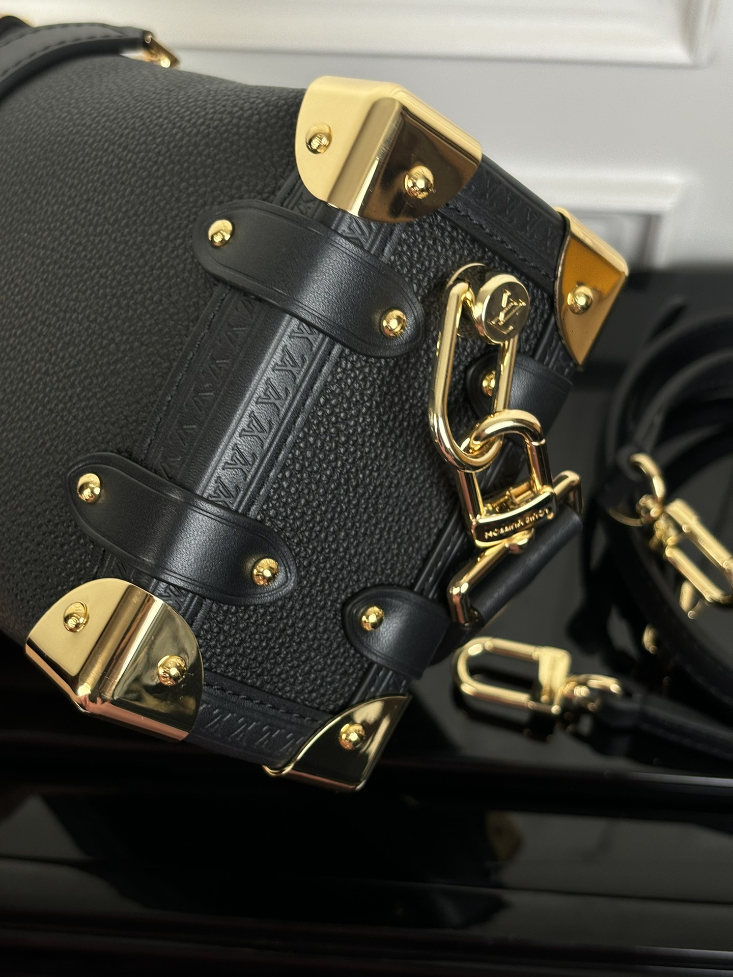 Side Trunk Small Handbag in Black with Gold Hardware - Image 6