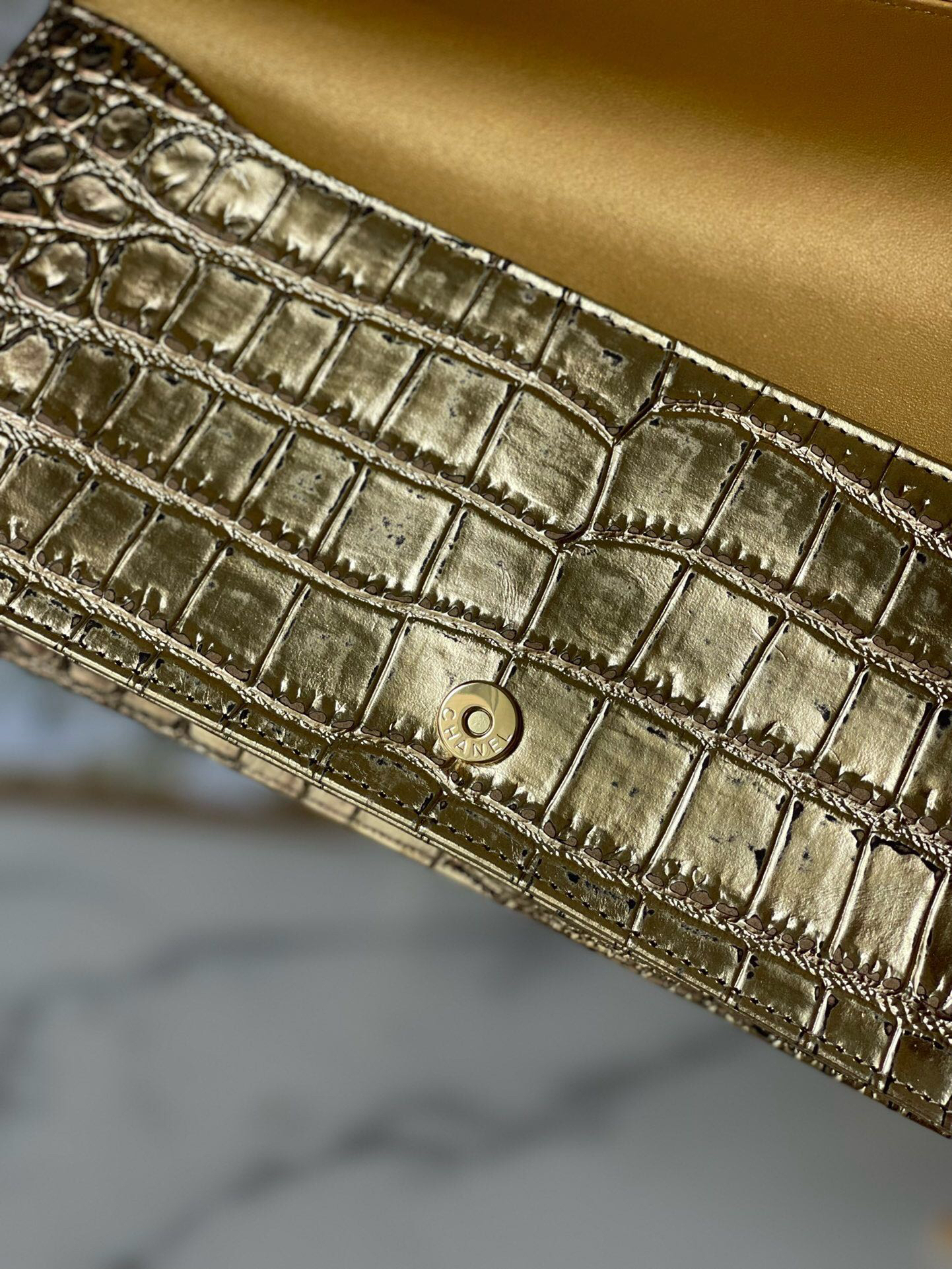 Vintage Chanel Crocodile-Embossed Gold Clutch Evening Bag - Image 6