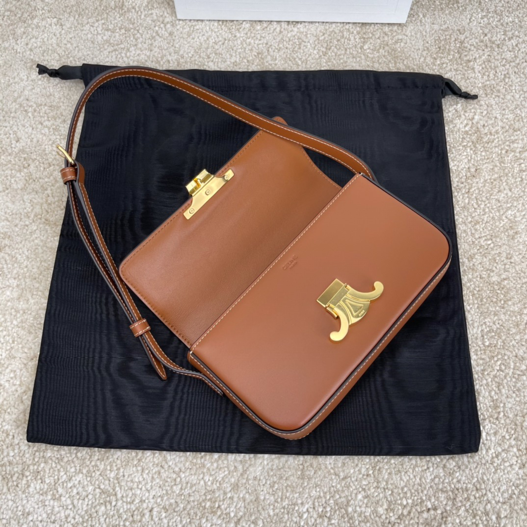 TRIOME Glossy Leather Shoulder Bag in Yellow-Brown with Hand-Rubbed Texture - Image 6