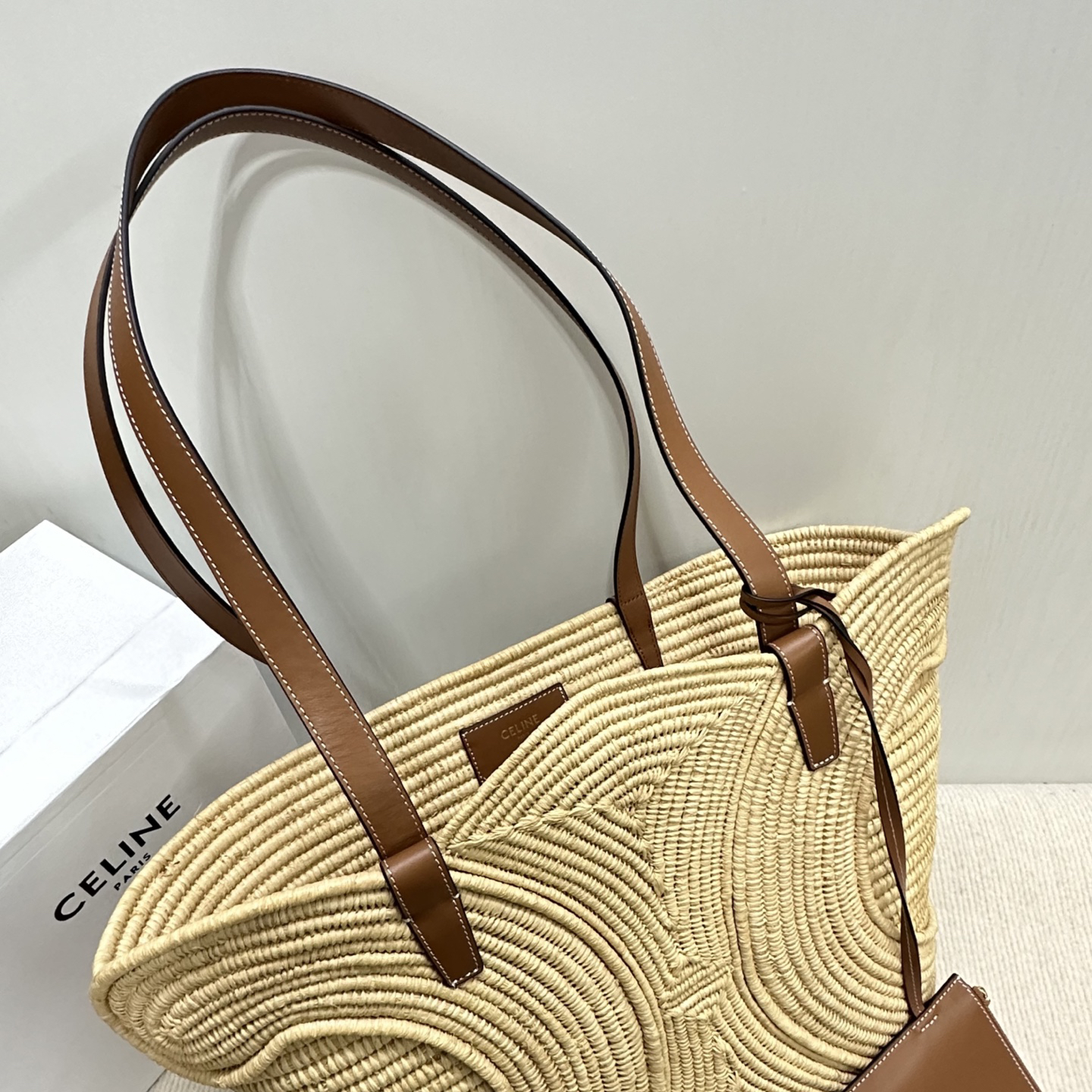 CELINE Medium Natural Fiber and Calfskin Woven Triomphe Handbag - Image 7