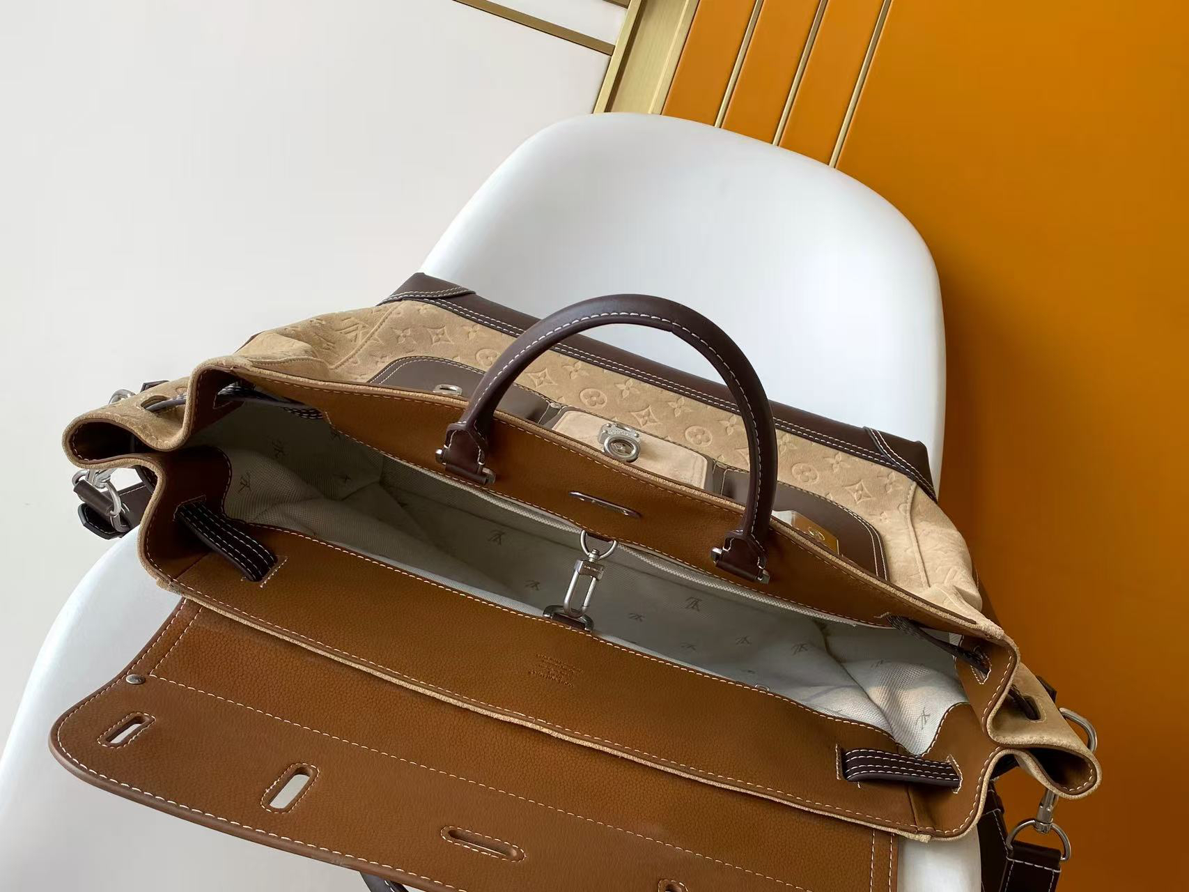 Louis Vuitton Steamer 40 Handbag, Apricot Colorblock - Image 8