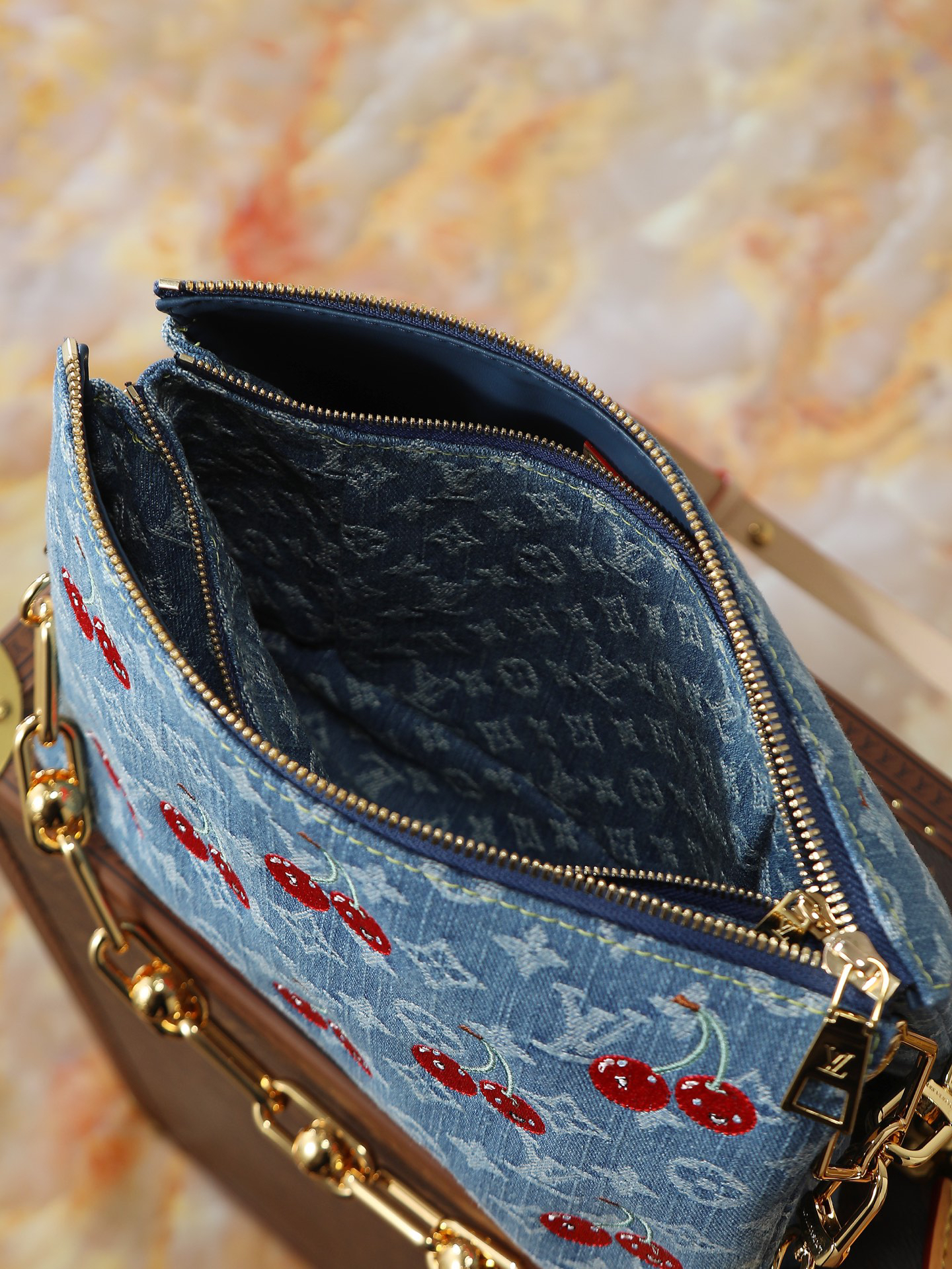 Louis Vuitton Coussin Small Chain Shoulder Bag in Monogram Denim with Cherry Embroidery - Image 8