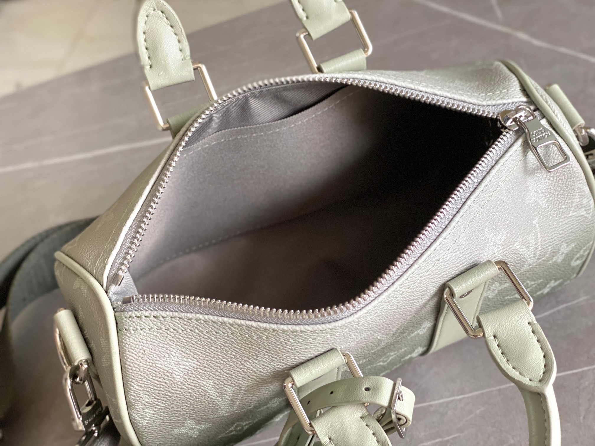 Louis Vuitton Keepall 25 Pillow Bag in Gradient Gray Green Monogram Eclipse Reverse Canvas - Image 8