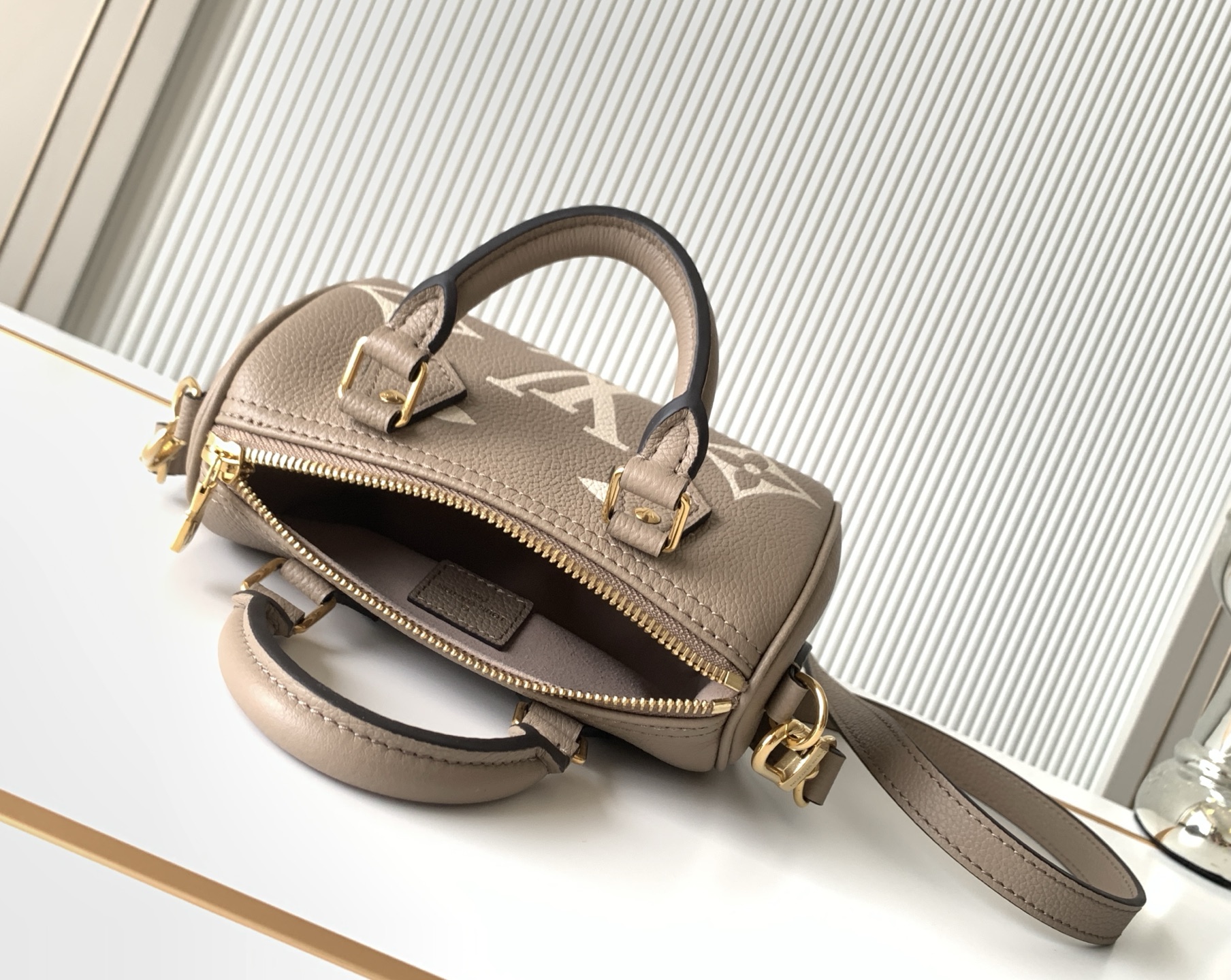 Nano Speedy Handbag in Elephant Grey Monogram Empreinte Leather - Image 8