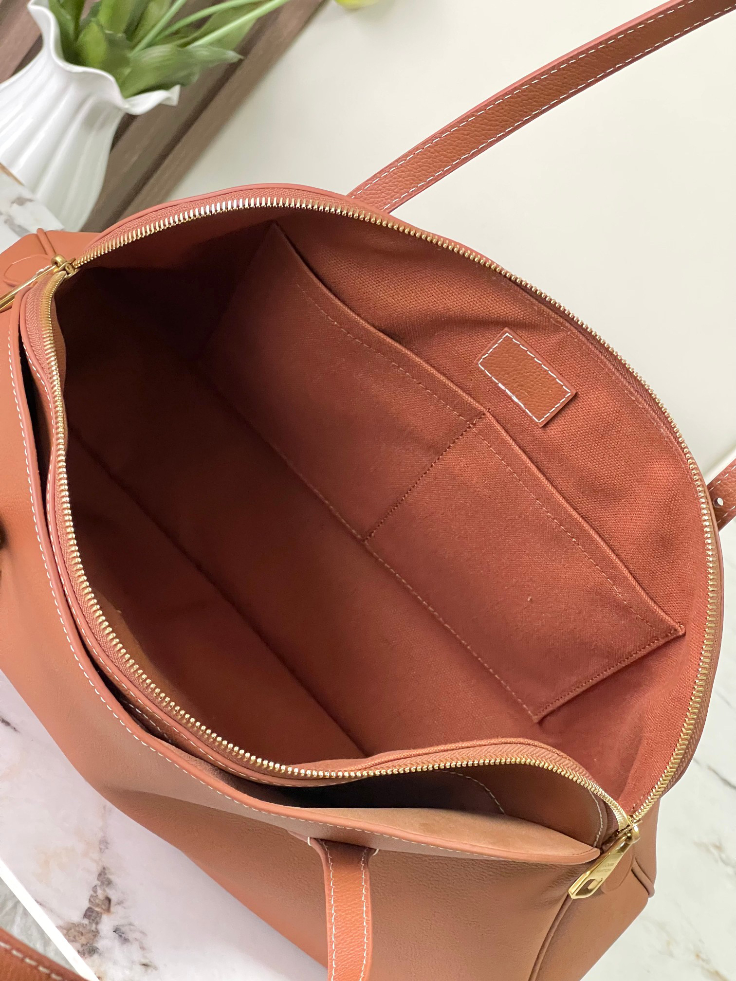 Louis Vuitton Alma Horizontal-Inspired Leather Handbag – Black and Brown - Image 9