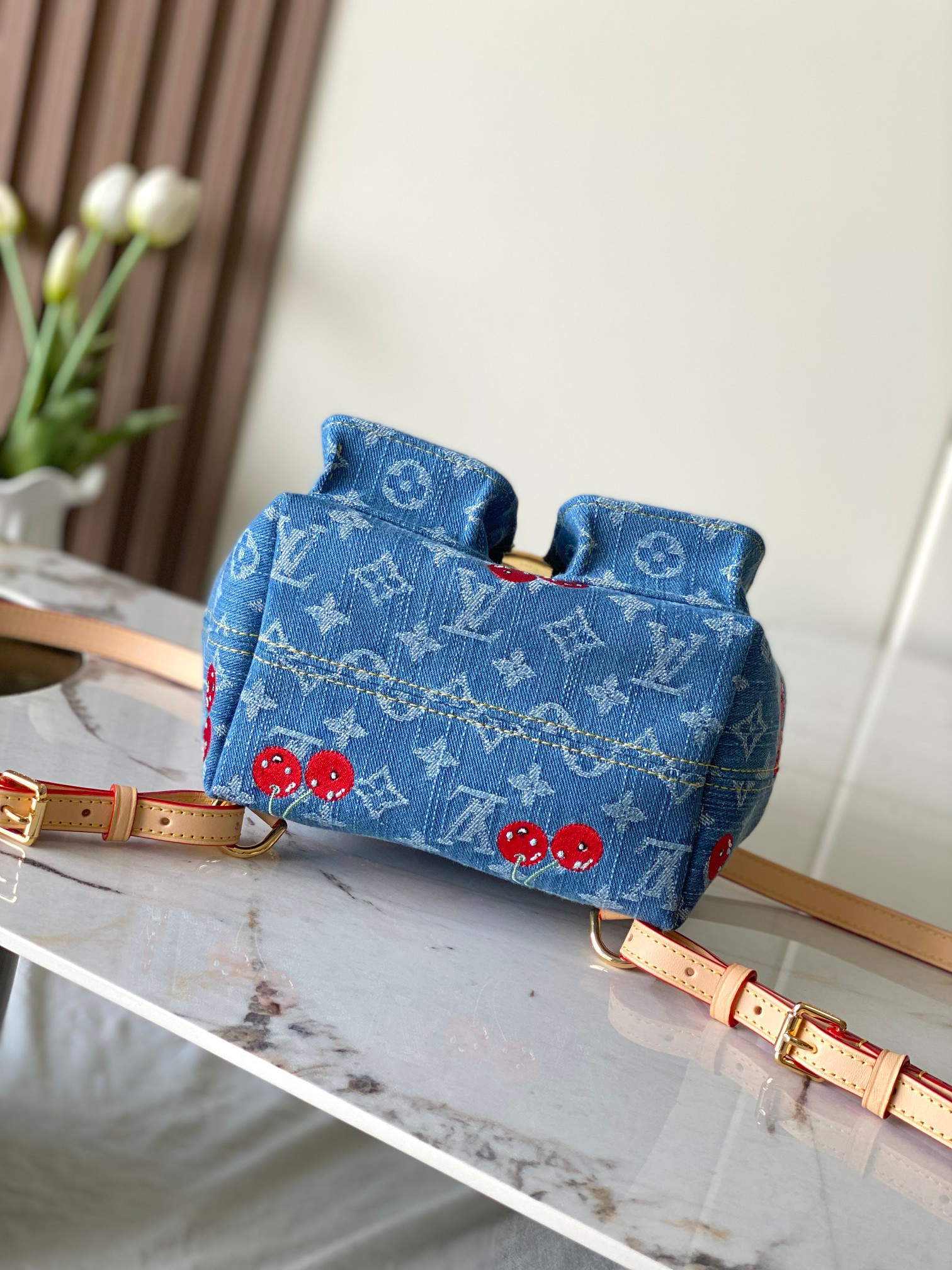 Louis Vuitton Venice Double Shoulder Bag in Denim with Cherry Embroidery - Image 9