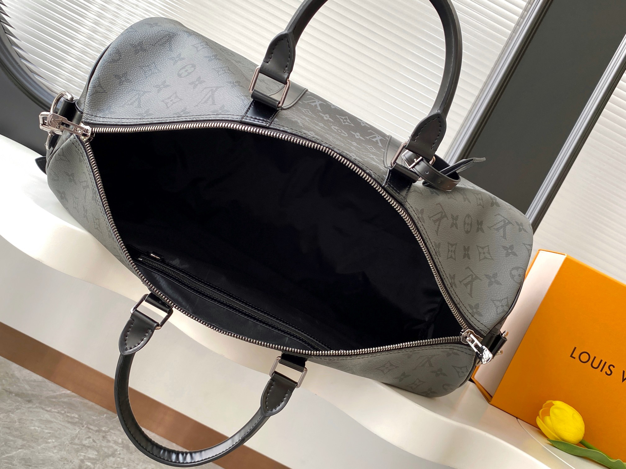 Louis Vuitton Keepall Bandouliere 50 Travel Bag in Monogram Eclipse Reverse Canvas - Image 9