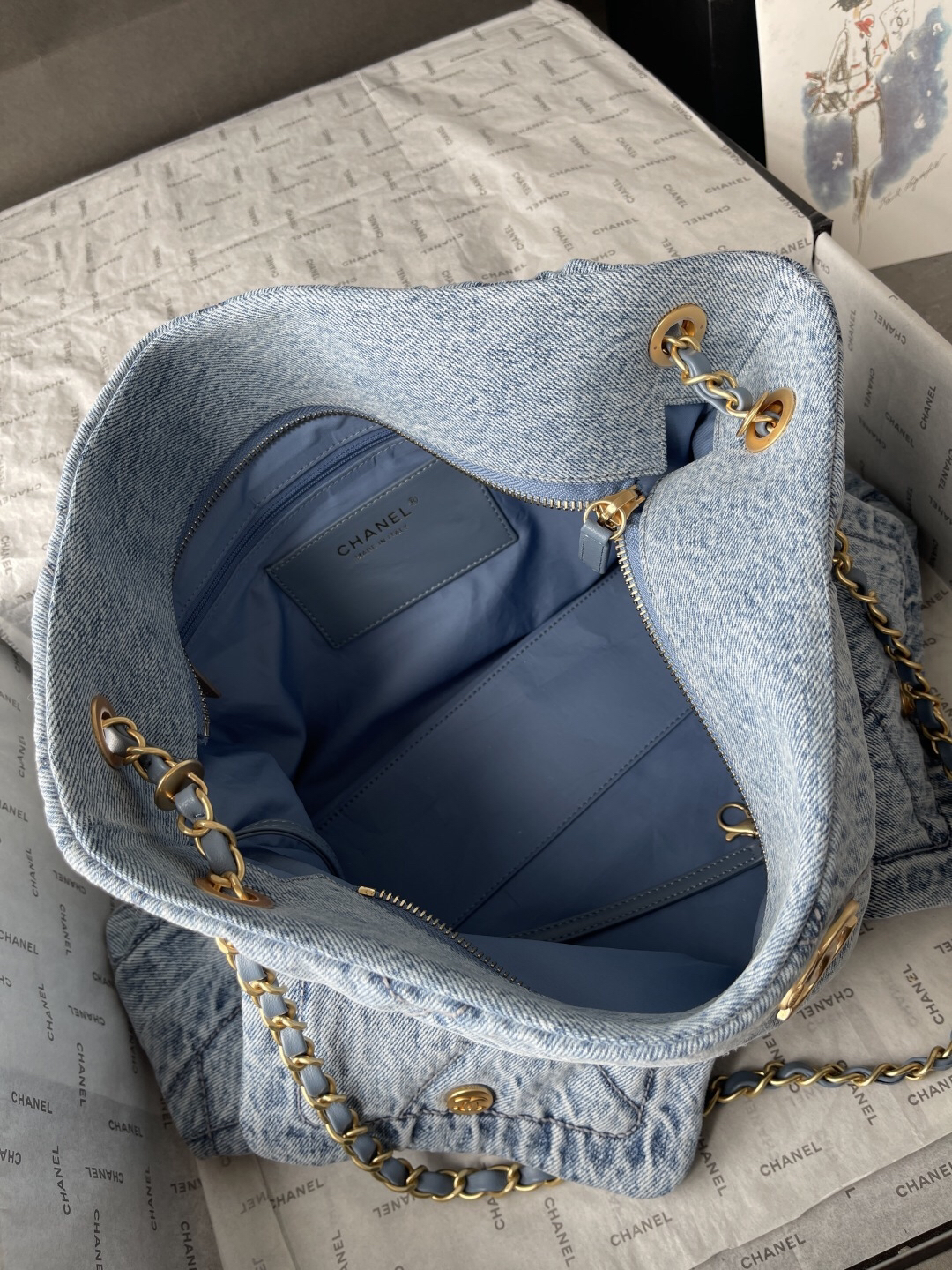 Chanel Denim Shopping Tote Bag - Image 9
