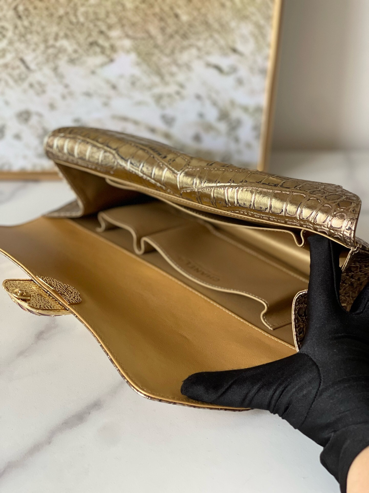Vintage Chanel Crocodile-Embossed Gold Clutch Evening Bag - Image 9