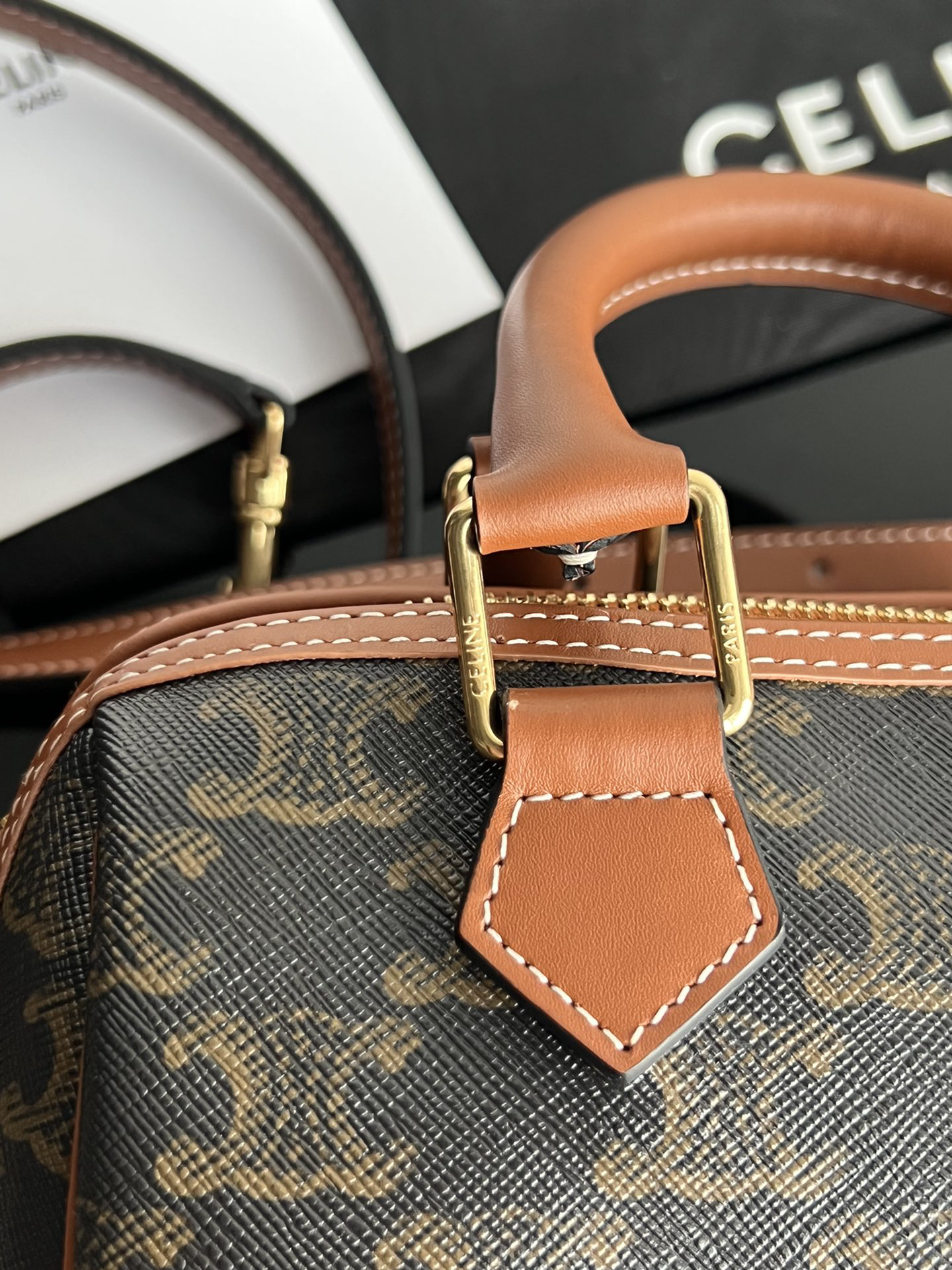 CELINE Triomphe Canvas Leather-Trimmed Boston Bag - Image 9