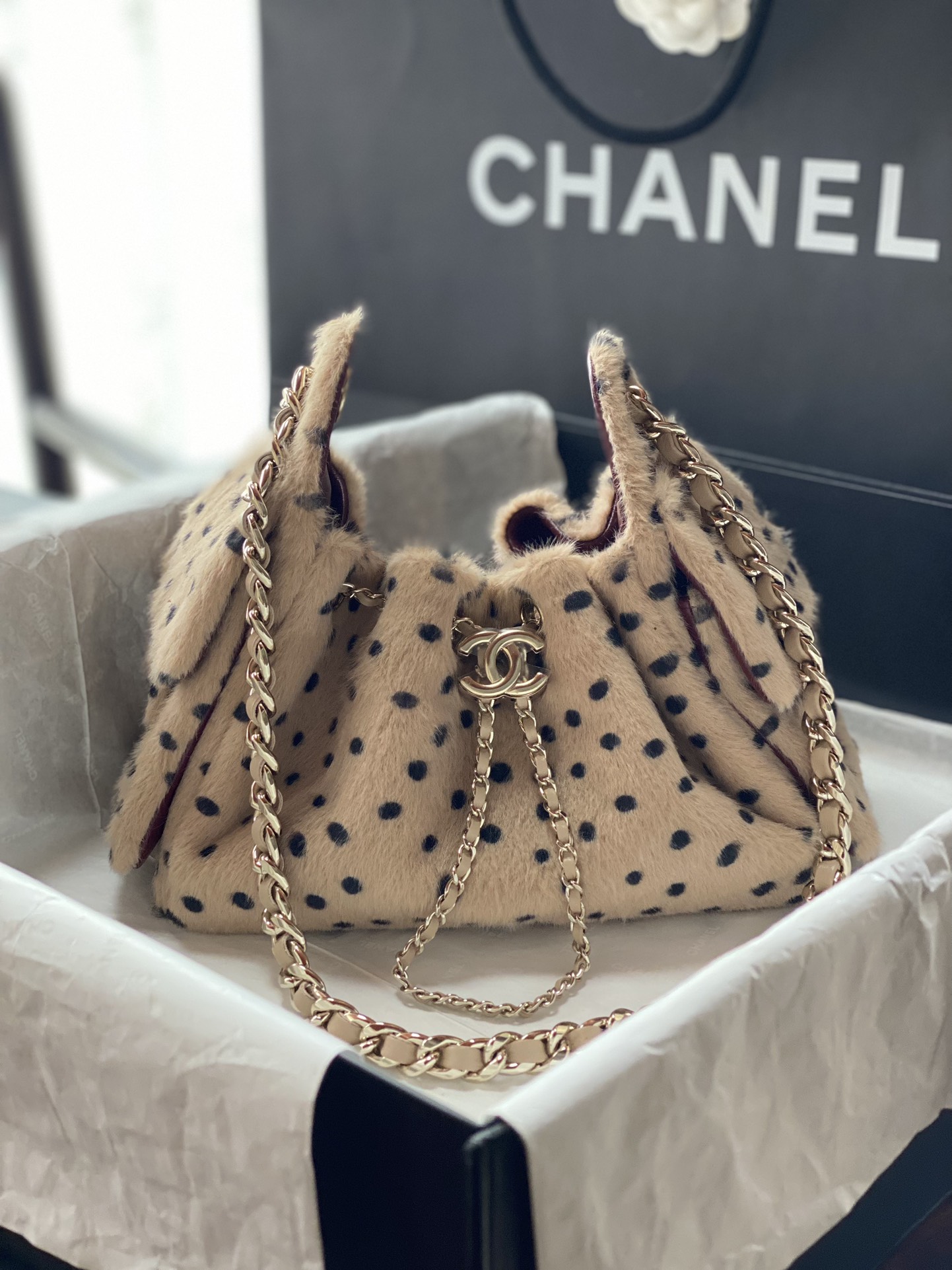 CHANEL Mini Spotted Velvet Bucket Bag