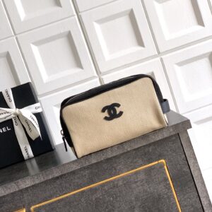 Chanel Coco Beach Small Canvas and Leather-Trimmed Pouch in Apricot