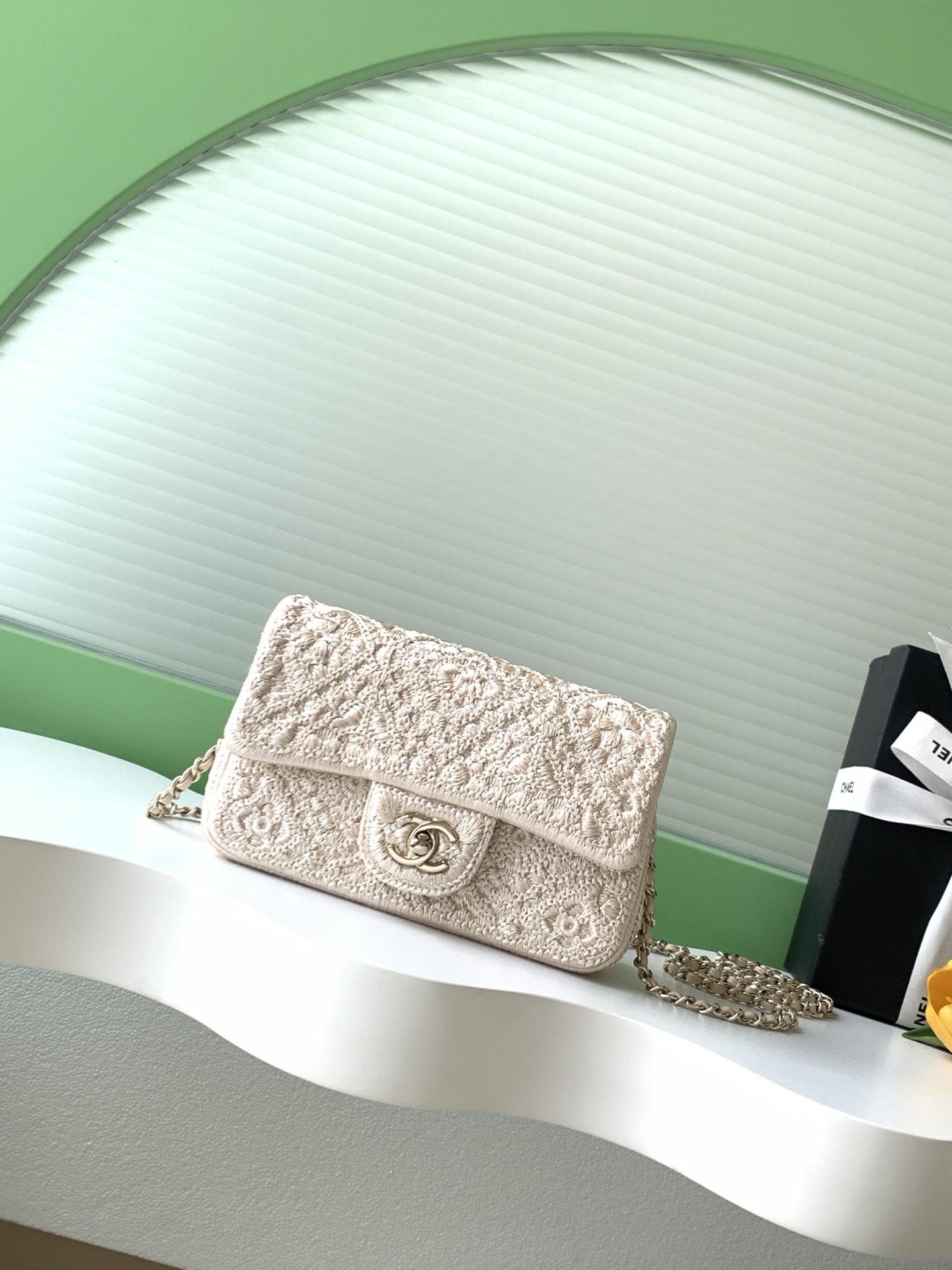 26-Gauge Woven Wool Shoulder Bag with Double C Hardware and Leather-Woven Chain Strap