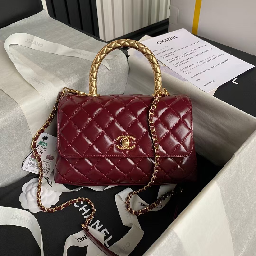 Chanel 24A Classic Coco Handle Leather Handbag, Burgundy