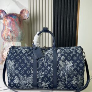 Louis Vuitton Keepall Bandoulière 50 Travel Bag in Monogram Tapestry Denim Canvas