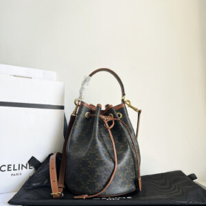 CLARA Logo-Print Leather Drawstring Bucket Handbag