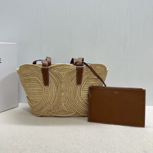 CELINE Small TRIOMPHE Woven Basket Bag in Natural Plant Fiber and Calfskin