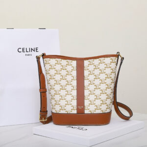 Celine Small Bucket Bag in Monogram Canvas and Brown Leather