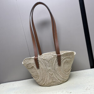 TRIOME Classic Small Woven Tote Bag in Plant-Based Material with Cowhide Leather Trim – Yellow Brown