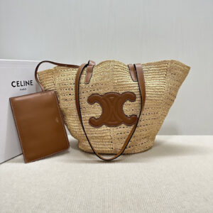 CELINE Medium Woven Triomphe Basket Handbag in Natural Plant Fiber and Calfskin