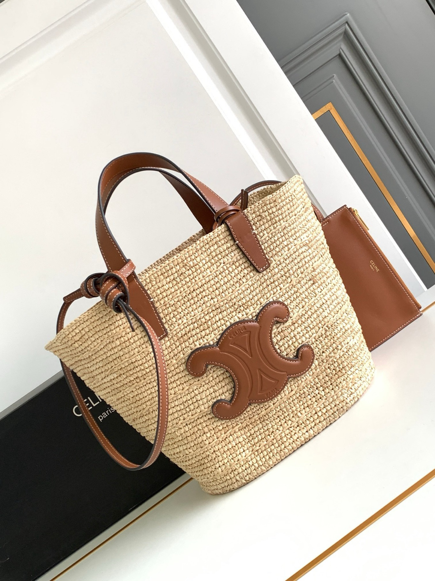 CELINE Teen Woven Natural Fiber and Calfskin Basket Bag