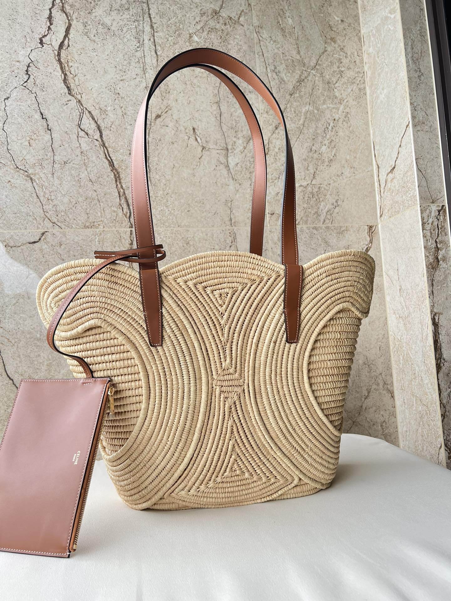 CELINE Medium Woven Natural Fiber and Leather Classic Tote Bag