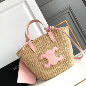 CELINE Teen Woven Straw and Cow Leather Classic Basket Tote