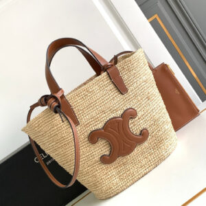 CELINE Teen Woven Plant-Fiber and Calfskin Leather Basket Bag