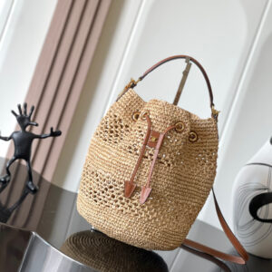 CELINE Clara Woven Raffia and Calfskin Drawstring Bucket Bag
