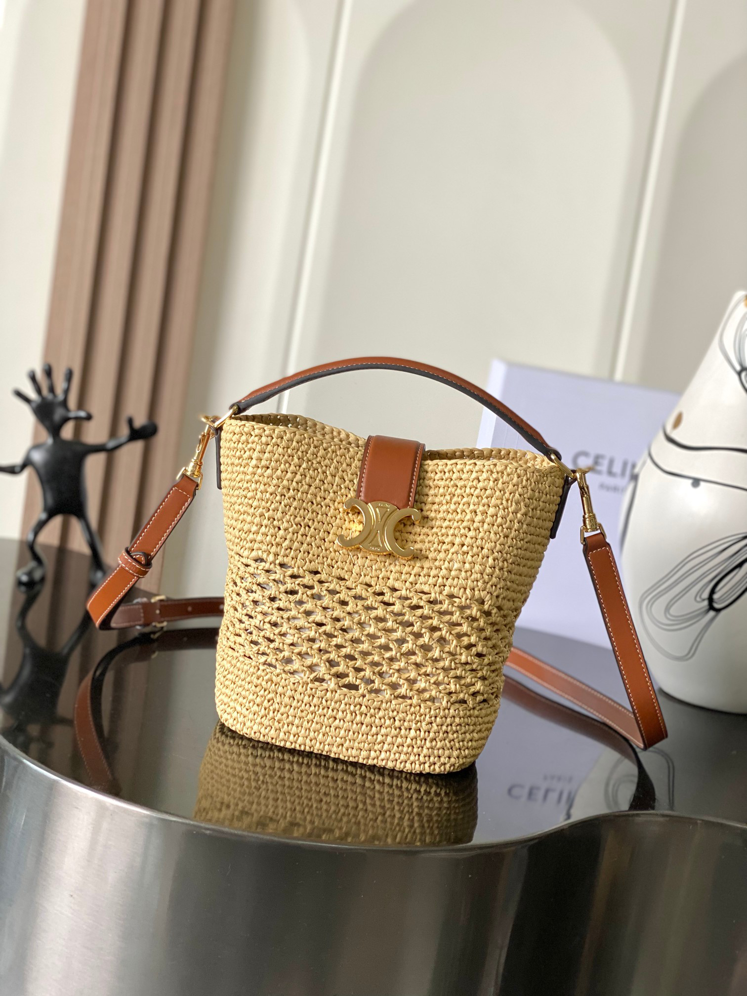 Celine Louise Small Woven and Cowhide Leather Bucket Bag