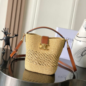 Celine Louise Small Woven Plant-Based Material and Leather Bucket Bag