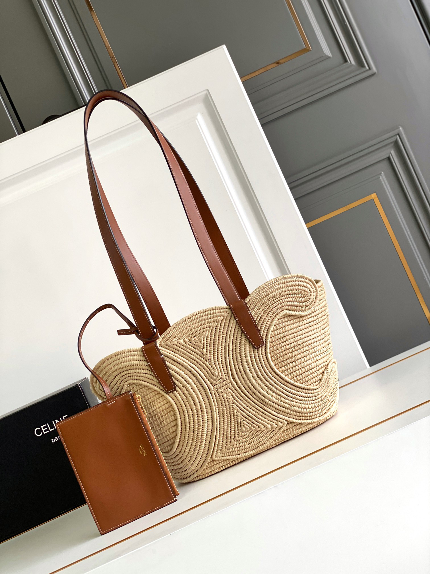 CELINE Small Natural Plant Fiber and Calfskin Woven Triomphe Basket Tote
