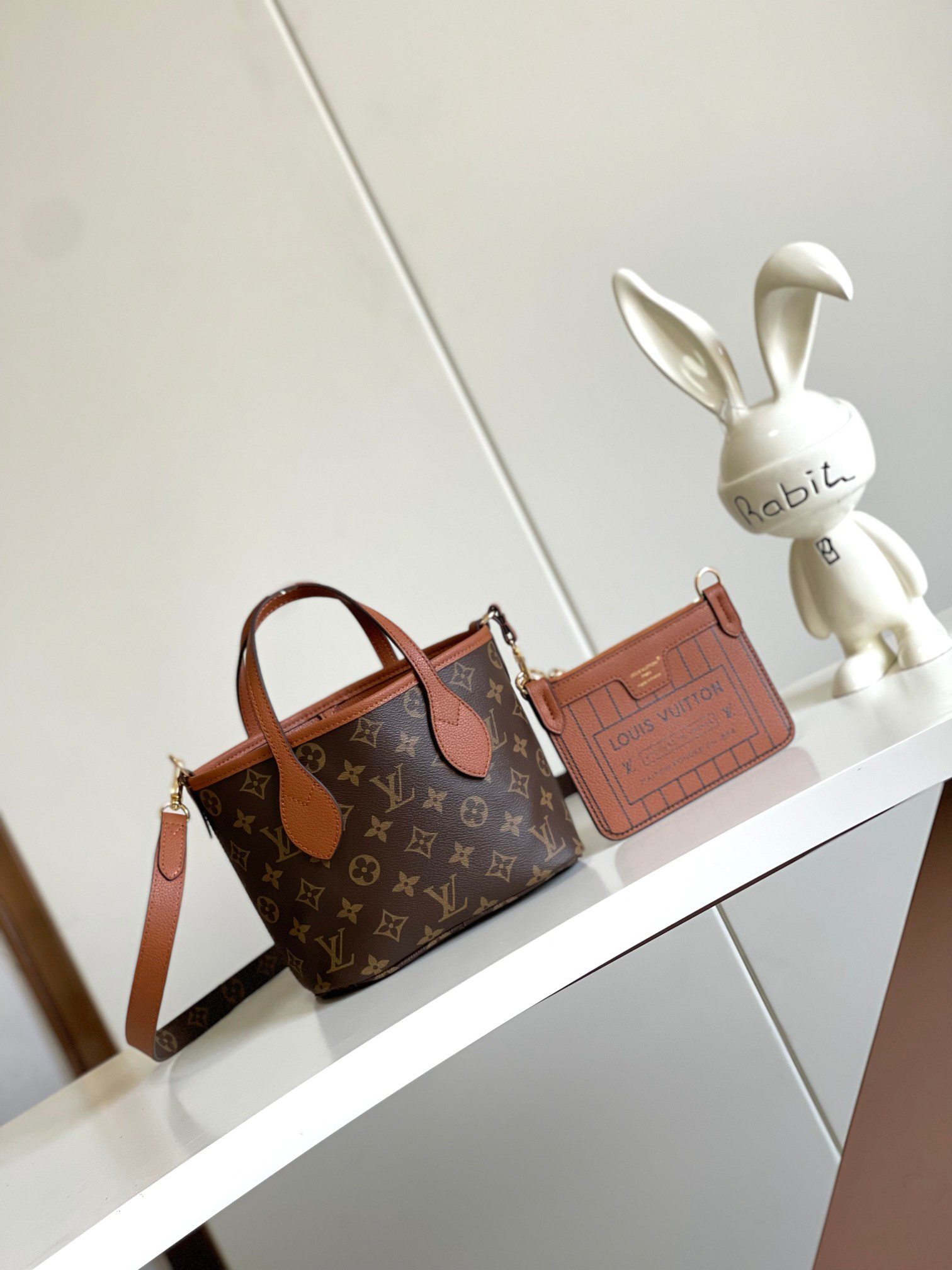 Neverfull BB Handbag in Damier Azur Canvas, Brown