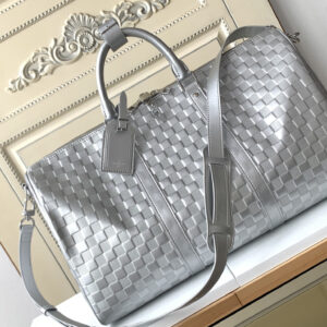 Louis Vuitton Keepall Bandoulière 50 Travel Bag in Silver Glitter Damier Leather