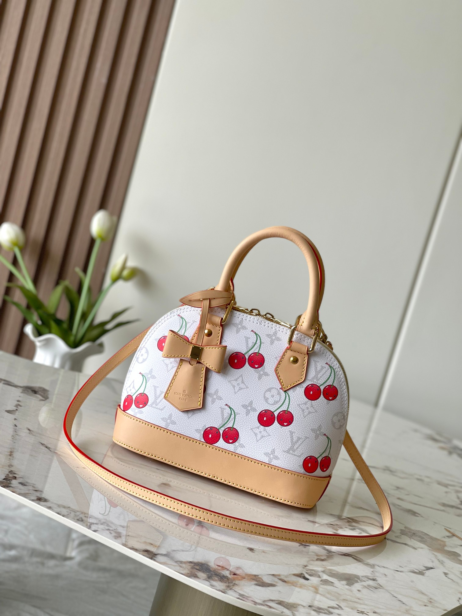 Louis Vuitton x Murakami Alma BB Handbag in White Cherry Monogram Canvas
