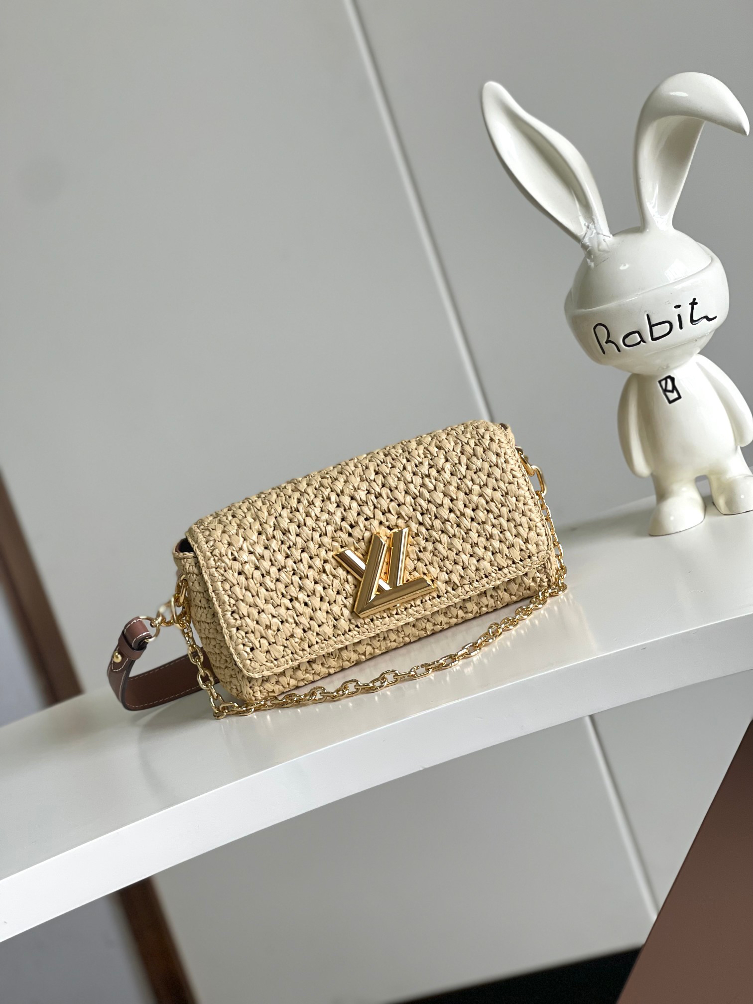 Louis Vuitton Twist Raffia Woven Flap Shoulder Bag M25030 Brown