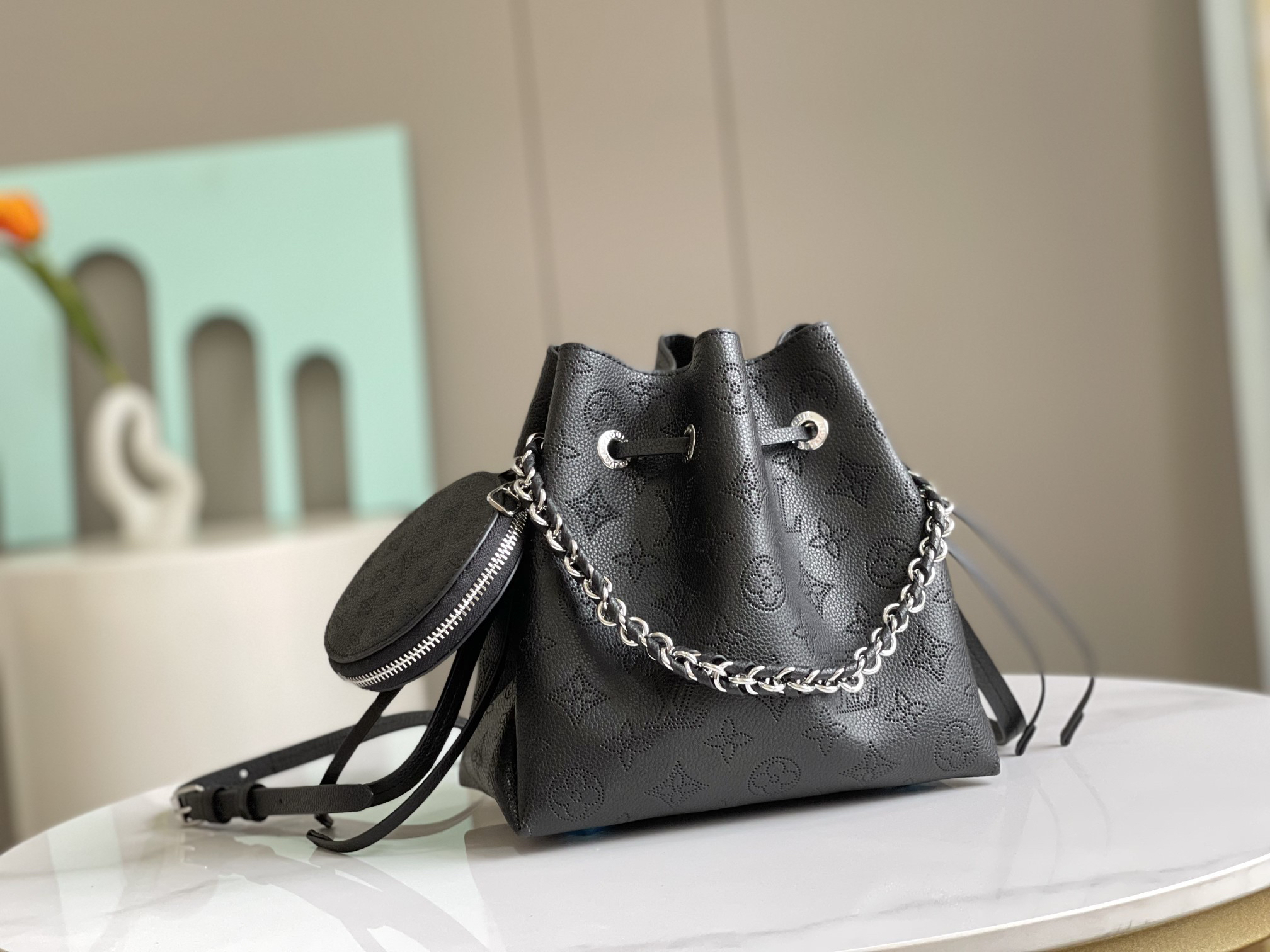 Bella Monogram Perforated Calf Leather Bucket Bag