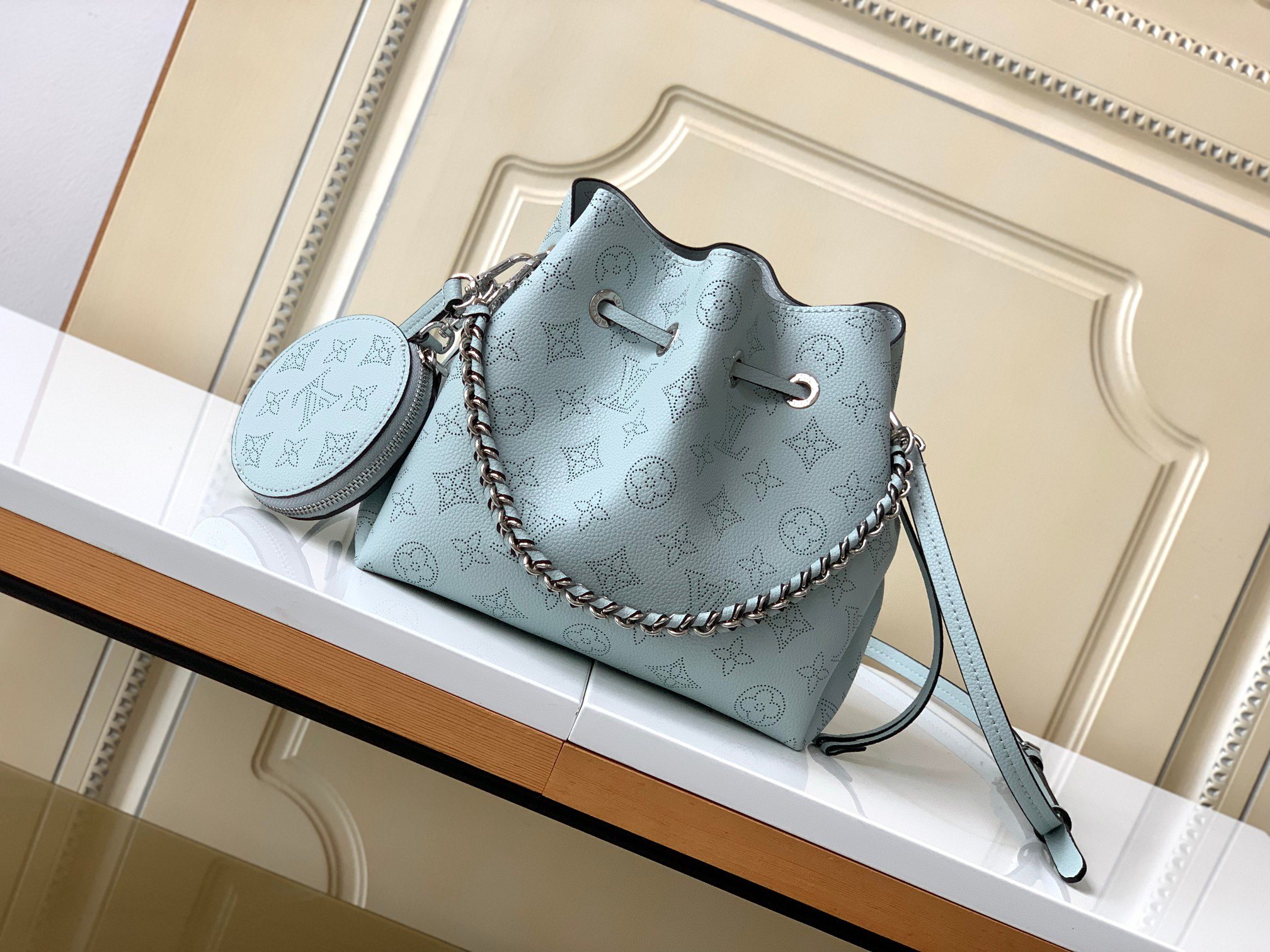 Bella Monogram Perforated Calfskin Bucket Bag