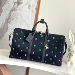 Louis Vuitton Keepall Bandoulière 50 Travel Bag M13966 in Black LV Blason Denim